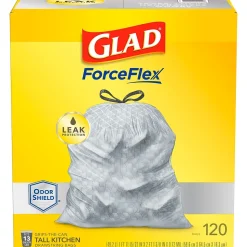 Glad ForceFlex OdorShield 13 Gallon Kitchen Trash Bag, 23.75" x 25.4", Low Density, 0.72 mil, Gray, 120 Bags/Box (79158)