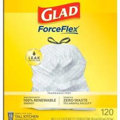 Glad ForceFlex Tall 13 Gallon Kitchen Drawstring Trash Bags, White, 120/Box (78939)