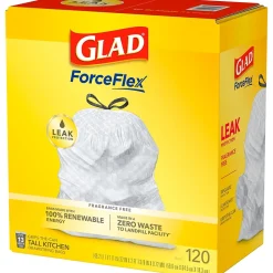 Glad ForceFlex Tall 13 Gallon Kitchen Drawstring Trash Bags, White, 120/Box (78939)
