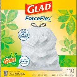 Glad ForceFlex Tall 13 Gallon Kitchen Drawstring White Trash Bags, 110/Box (79098)