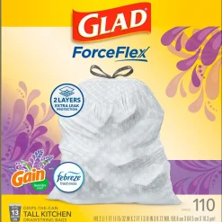 Glad ForceFlex Tall Kitchen Drawstring Trash Bags, 13 Gallon, Gain Lavender with Febreze Freshness, 110 Count (79157)