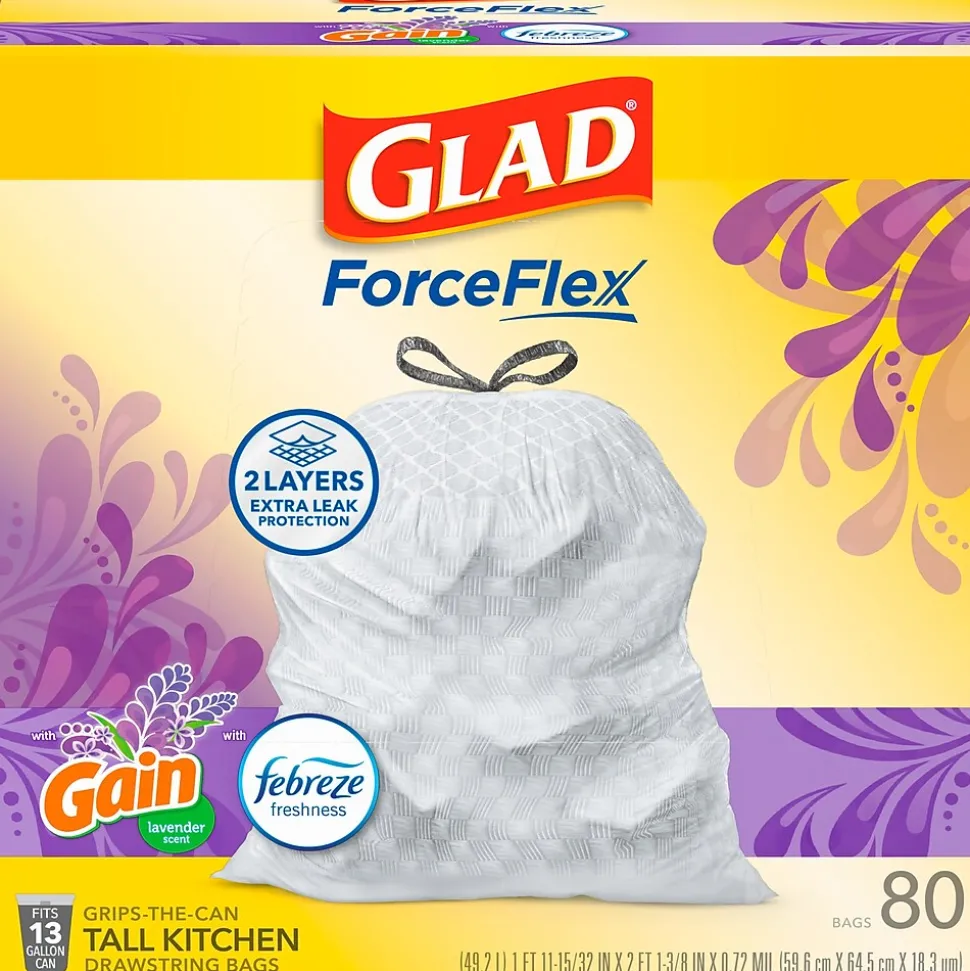 Glad ForceFlex Tall Kitchen Drawstring Trash Bags, 13 Gallon, Gain Lavender with Febreze Freshness, 80 Count (78533)