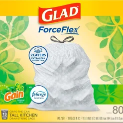 Glad ForceFlex Tall Kitchen Drawstring Trash Bags, 13 Gallon, White, Gain Original scent, 80/Box (78750)