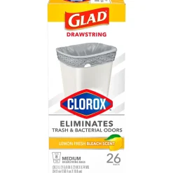 Glad Medium Drawstring Trash Bags with Clorox, 8 Gallon, Grey, Lemon Fresh Bleach Scent, 26/Box(79316)