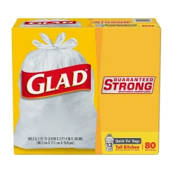 Glad Quick-Tie 13-Gallon Tall Kitchen Trash Bag, 23.75" x 28", 0.66 Mil, White, 80 Bags/Box (60034)