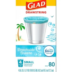 Glad Small Kitchen Drawstring Trash Bags, 4 Gallon, Blue, Febreze Beachside Breeze, 80/Box (79155)