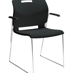 Global Popcorn Stack Chair with Arms, Plastic, Asphalt Black, Seat: 18"W x 18"D , Back: 19.5"W x 16"H