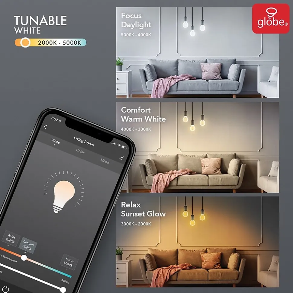Globe Electric G25-Shape E26-Base Wi-Fi Dimmable Tunable Edison-Style 60-Watt-Equivalent Smart LED Light Bulb, White (34920)
