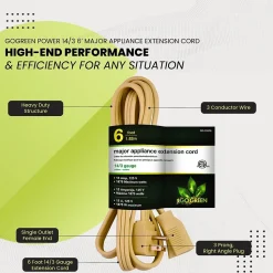 GoGreen Power 14/3 6' Appliance Cord, Beige, 3/Pack (GG-25606)