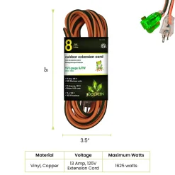 GoGreen Power 16/3 8' Heavy Duty Extension Cord, Lighted End, Orange (GG-13708)