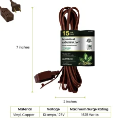 GoGreen Power 15' Extension Cord, 3-Outlet, 16 AWG, Brown (GG-24815-3)