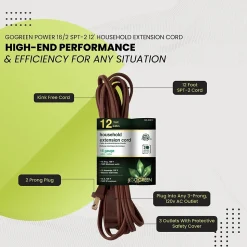 GoGreen Power 12' Extension Cord, 3-Outlet, 16 AWG, Brown (GG-24812-3)