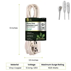 GoGreen Power 8' Extension Cord, 3-Outlet, 16 AWG, White (GG-19608)