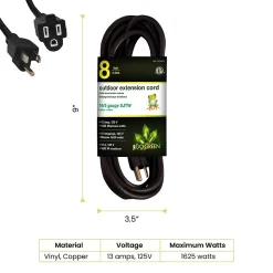 GoGreen Power 8' Indoor/Outdoor Extension Cord, 16 AWG, Black (GG-13708BK)