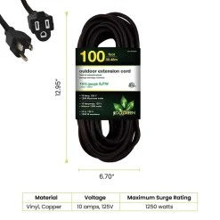GoGreen Power 100' Indoor/Outdoor Extension Cord, 16 AWG, Black (GG-13700BK)
