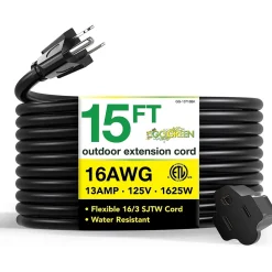 GoGreen Power 15' Indoor/Outdoor Extension Cord, 16 AWG, Black (GG-13715BK)