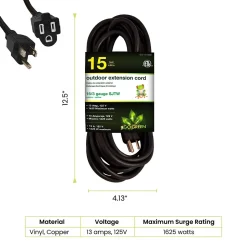 GoGreen Power 15' Indoor/Outdoor Extension Cord, 16 AWG, Black (GG-13715BK)