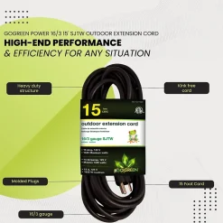GoGreen Power 15' Indoor/Outdoor Extension Cord, 16 AWG, Black (GG-13715BK)