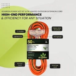 GoGreen Power 50' Indoor/Outdoor Extension Cord, 3-Outlet, 14 AWG, Orange (GG-15150)