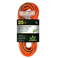 GoGreen Power 25' Indoor/Outdoor Extension Cord, 3-Outlet, 14 AWG, Orange (GG-15125)