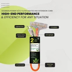 GoGreen Power 2' Indoor/Outdoor Extension Cord, 3-Outlet, 12 AWG, Orange (GG-15302)