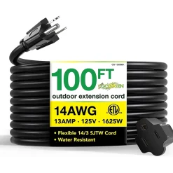 GoGreen Power 100' Indoor/Outdoor Extension Cord, 14 AWG, Black (GG-13800BK)