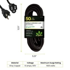 GoGreen Power 50' Indoor/Outdoor Extension Cord, 16 AWG, Black (GG-13750BK)