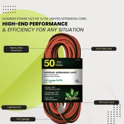 GoGreen Power 50' Indoor/Outdoor Extension Cord, 14 AWG, Orange (GG-13850)
