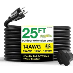 GoGreen Power 25' Indoor/Outdoor Extension Cord, 14 AWG, Black (GG-13825BK)