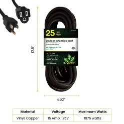 GoGreen Power 25' Indoor/Outdoor Extension Cord, 14 AWG, Black (GG-13825BK)