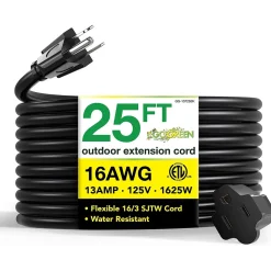 GoGreen Power 25' Indoor/Outdoor Extension Cord, 16 AWG, Black (GG-13725BK)