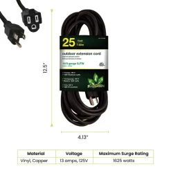 GoGreen Power 25' Indoor/Outdoor Extension Cord, 16 AWG, Black (GG-13725BK)
