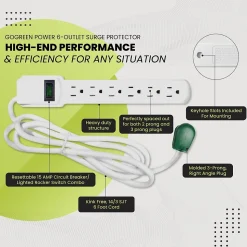 GoGreen Power 6 Outlet Surge Protector, 6' Cord, White (GG-16106MS)