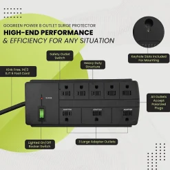 GoGreen Power 8 Outlet Surge Protector, 6' cord, Black (GG-18316BK)