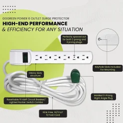 GoGreen Power 6 Outlet Surge Protector, 12' cord, White (GG-16103M-12)