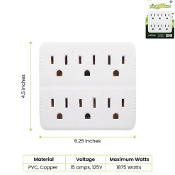 GoGreen Power Wall Tap, 6 Outlet, White, 3/Pack (GG-16000TW)