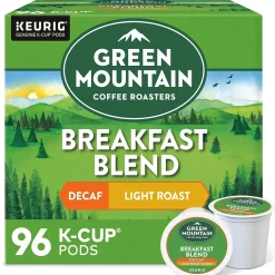 Green Mountain Breakfast Blend Decaf Coffee Keurig® K-Cup® Pods, Light Roast, 96/Carton (7522)