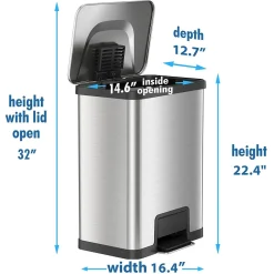 halo AirStep Stainless Steel Rectangular Step Pedal Trash Can with AbsorbX Odor Control System, 13 Gal., Silver (TR13SS)