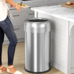 halo Stainless Steel Round Open Top Trash Can with Dual AbsorbX Odor Control System, Silver, Silver, 13 Gal. (OT13STR)