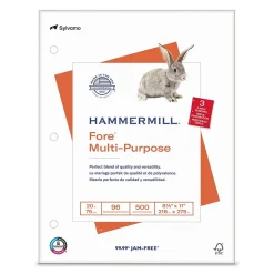 Hammermill Fore 8.5" x 11", 3-Hole Punched Multipurpose Paper, 20 lbs., 96 Brightness, 500 Sheets/Ream (103275)