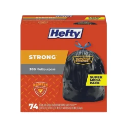 Hefty 30 Gallon Trash Bag, 30" x 33", Low Density, 1.1 mil, Black, 74 Bags/Box (PCTE85274)