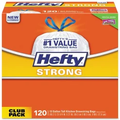 Hefty Strong 13 Gallon Kitchen Trash Bag, 23.75" x 27", Low Density, 0.9 mil, White, 120 Bags/Box (PCTE84562CT)