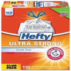 Hefty Ultra Strong 13 Gallon Kitchen Trash Bag, 23.75" x 24.88", Low Density, 0.9 mil, White, 110 Bags/Box (PCTE84570)