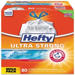 Hefty Ultra Strong 13 Gallon Scented Kitchen Trash Bag, 24.75" x 24.88", Low Density, 0.9 mil, Clean Burst, White, 80 Bags/Box