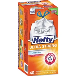 Hefty Ultra Strong 13 Gallon Kitchen Trash Bag, 23.75" x 24.88", Low Density, 0.9 mil, White, 40 Bags/Box (RFPE88338CT)