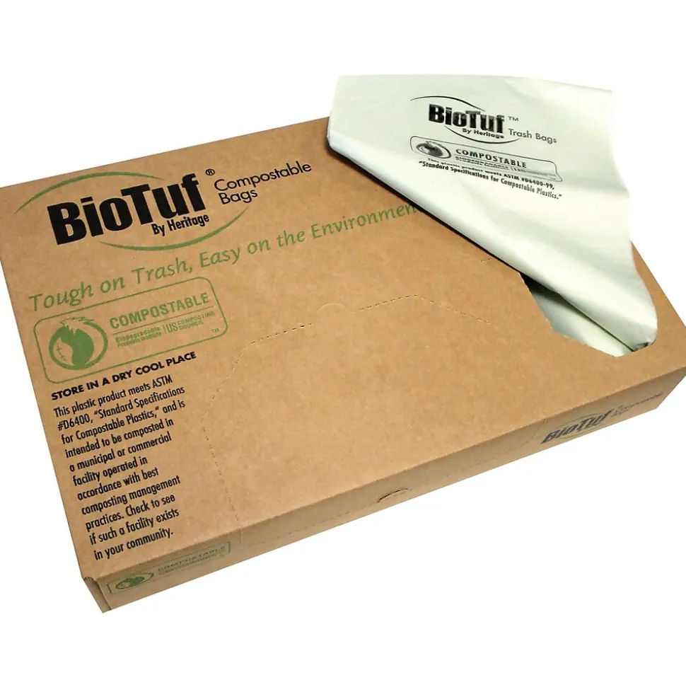 Heritage 30-32 Gallon Compostable Industrial Trash Bag, 34" x 48", Low Density, 1 Mil, Green, 5 Rolls (Y6848YE R01)