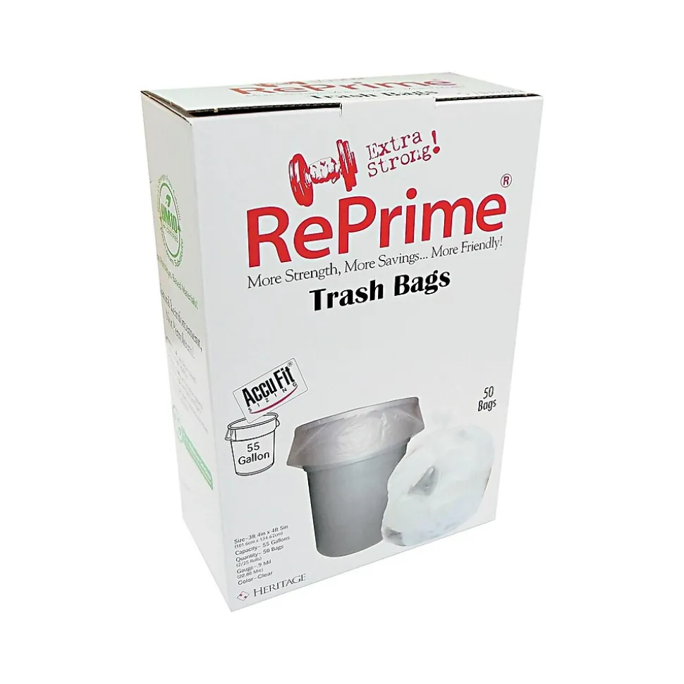 Heritage AccuFit 55 Gallon Industrial Trash Bag, 40" x 53", Low Density, 0.9 Mil, Clear, 50 Bags/Box (H8053TC RC1)