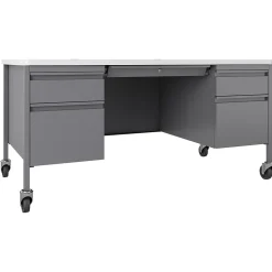 Hirsh 60"W Double-Pedestal Mobile Teacher's Desk, Platinum/White (22649)