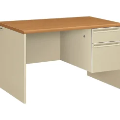 HON 38000 Series 48"W Single Pedestal Desk, Harvest Oak/Putty (H38251CL)