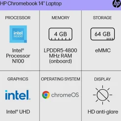 HP 14" Chromebook, Intel Processor N100, 4GB RAM, 64GB SSD, + 8.5 Hours Battery, Google Chrome
